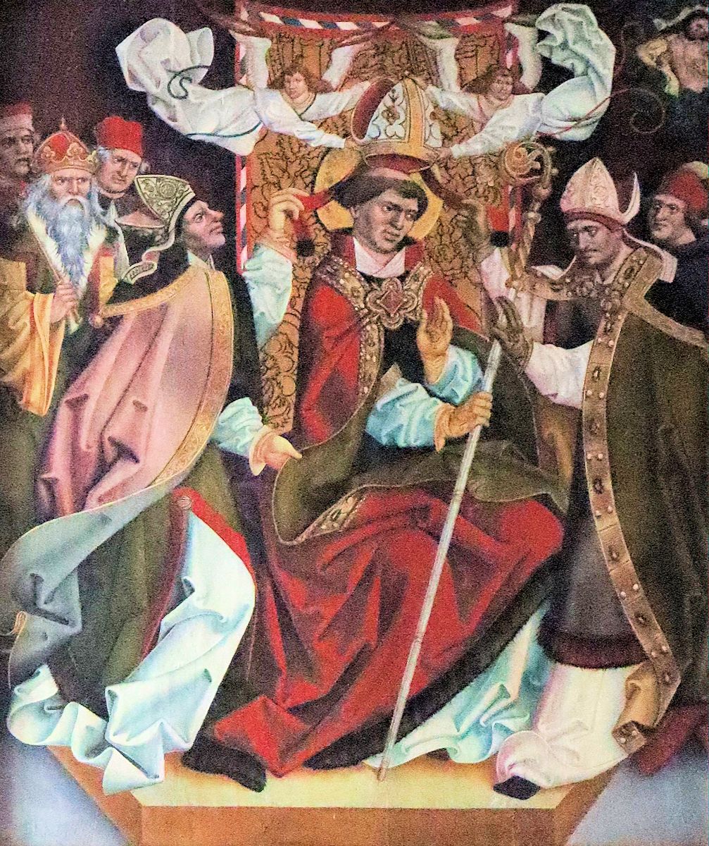 Jan Polack: Arsacius wird zum Bischof geweiht, Bild am Hochalter der Arsatius-Kirche in Ilmmünster