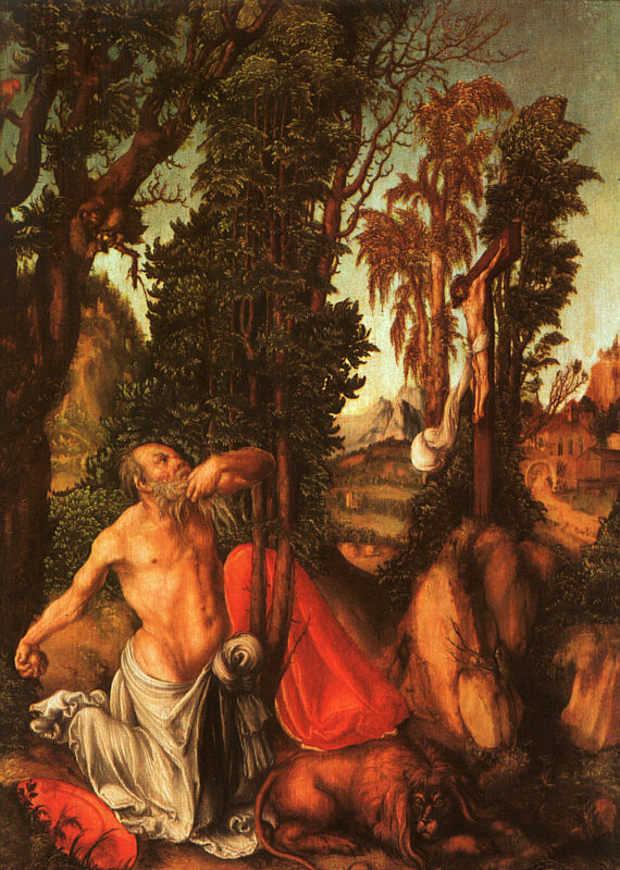 mit Klick vergrößern - Quelle: http://cgfa.sunsite.dk/cranach1 Lukas Cranach der Ältere: Hieronymus als Büßer, 1502, im Kunsthistorischen Museum in Wien