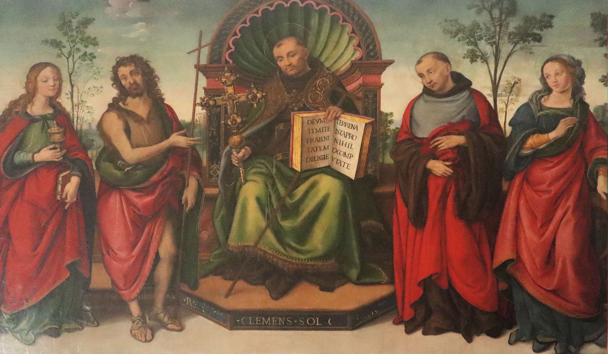 Raffaellino del Garbo: Johannes (Mitte) mit Maria Magdalena (links), Johannes dem Täufer (halblinks), ?? (halbrechts) und Katharina von Alexandria (rechts), 1508, in der Sakristei der Kirche in der Klosterkirche Vallombrosa