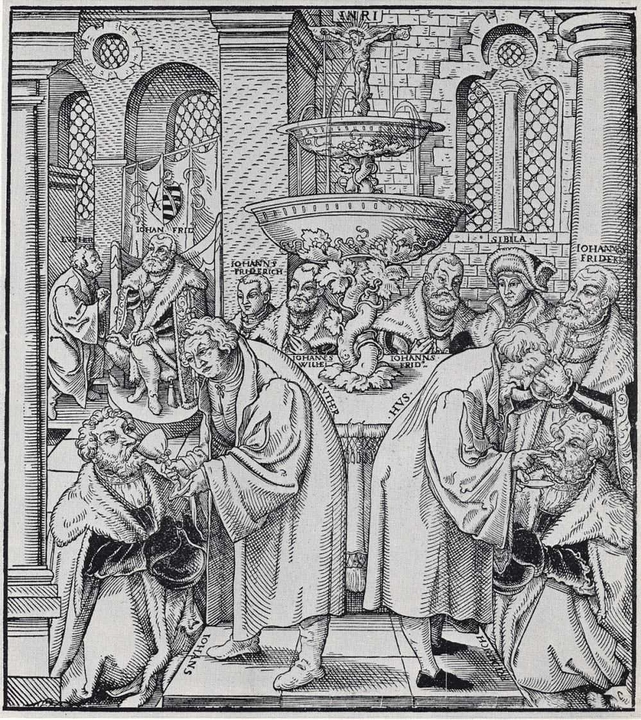 Lukas Cranach-Schule: Martin Luther (links) und Jan Hus teilen das Abendmahl aus - Luther an Kurfürst Johann I. „den Beständigen”, Luther an Kurfürst Friedrich III. „den Weisen”, um 1551, im British Museum in London