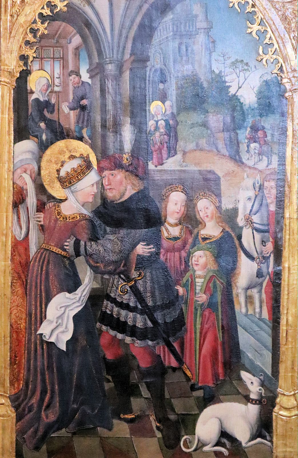 Johann von der Leyten: Ludwig bricht zum Kreuzzug auf und verabschiedet sich von Frau und Kindern, 1511, Detail aus dem rechten Flügel des Elisabethaltars in der Elisabethkirche in Marburg