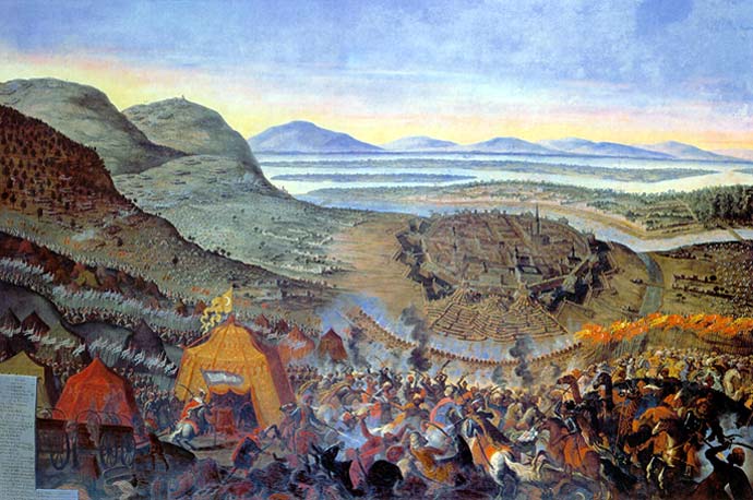 Franz Geffels: Die Schlacht vor Wien von 1683, um 1688, im Kunsthistorischen Museum in Wien. Im Vordergrund die Schlacht, links kommen über den Kahlenberg weitere Truppen des Entsatzheeres, davor reitet Jan III. Sobieski in das Zelt Kara Mustafas. Vor den Mauern Wiens im Hintergrund die Laufgräben der Türken.