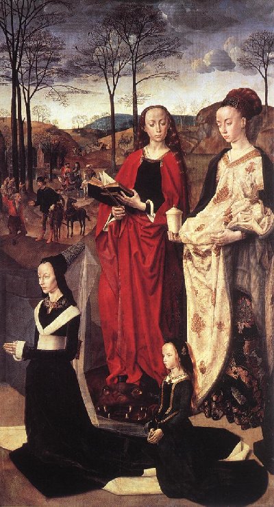 Hugo van der Goes: Maria (rechts mit dem Salbgefäß) und Martha sowie Maria Portinari, die Frau des Auftraggebers Tommasso Portinari; Teil des Portinari-Triptychons, 1476 - 79, in der Galleria degli Uffizi in Florenz