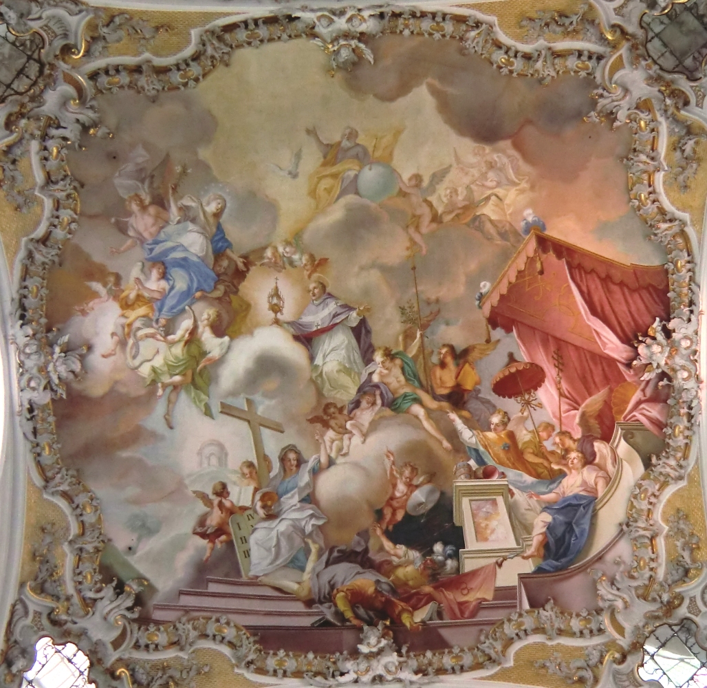 Johann Georg Bergmüller: Verherrlichung von Norbert, mit Monstranz, knieend im erzbischöflichen Gewand (Mitte); vorne unten stürzt der Irrlehrer Tanchelin aus dem Himmel, gegen dessen Anhänger Norbert 1124 mit einer Ketzerpredigt vorging; rechts deutet die symbolisierte Kirche, umgeben von Insignien des Papstes, auf Norbert; links oben Maria Immaculata; 1742, in der heutigen Pfarrkirche in Steingaden