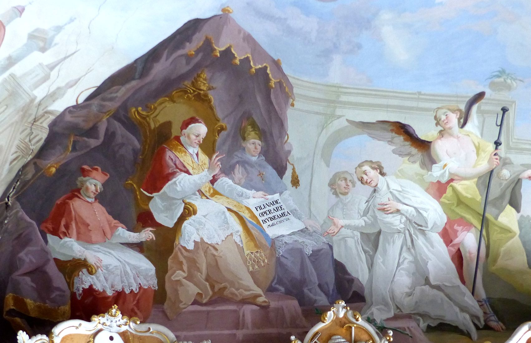 Ignac Mayer: Papst Honorius II bestätigt Norbert die Regel des Prämonstratenser-Ordens, Deckenfresko, 1774, in der Bibliothek des Klosters in Nová Říše bei Jihlava in Tschechien