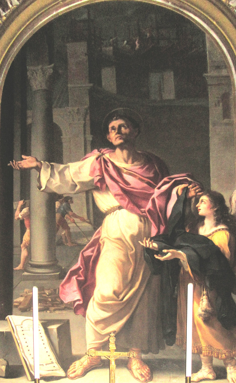 Aureliano Milani: Pammachius mit dem Plan der von ihm erbauten Basilika, Altarbild, 1719, in der Kirche Santi Giovanni e Paolo in Rom