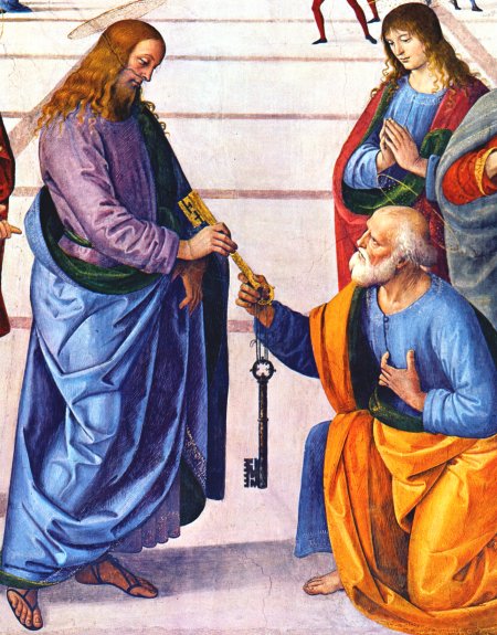 Fresko von Pietro Perugino (1445 ? - 1523): Christus übergibt Petrus die Schlüssel, in der Sixtinischen Kapelle in Rom