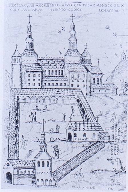 Abtei Saint-Riquier in Centula, Stich aus dem Jahr 1612, nach einer Miniatur aus dem Jahr 1299