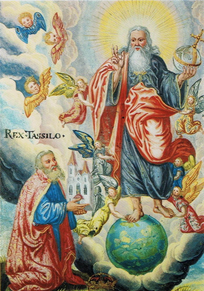 Herzog Tassilo III. von Bayern mit dem Modell der Stiftskirche Kremsmünster vor dem Salvator mundi kniend; aus dem „Rotelbuch”, 1595/1607, im Stiftarchiv in Kremsmünster