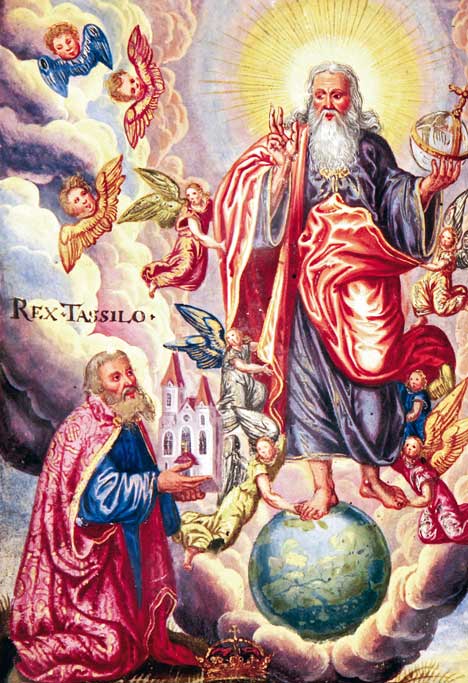 Buchmalerei: Tassilo überreicht dem Welterlöser das Modell des Stiftes Kremsmünster, aus dem sogenannten „Rotelbuch”, 1595, im Stift in Kremsmünster